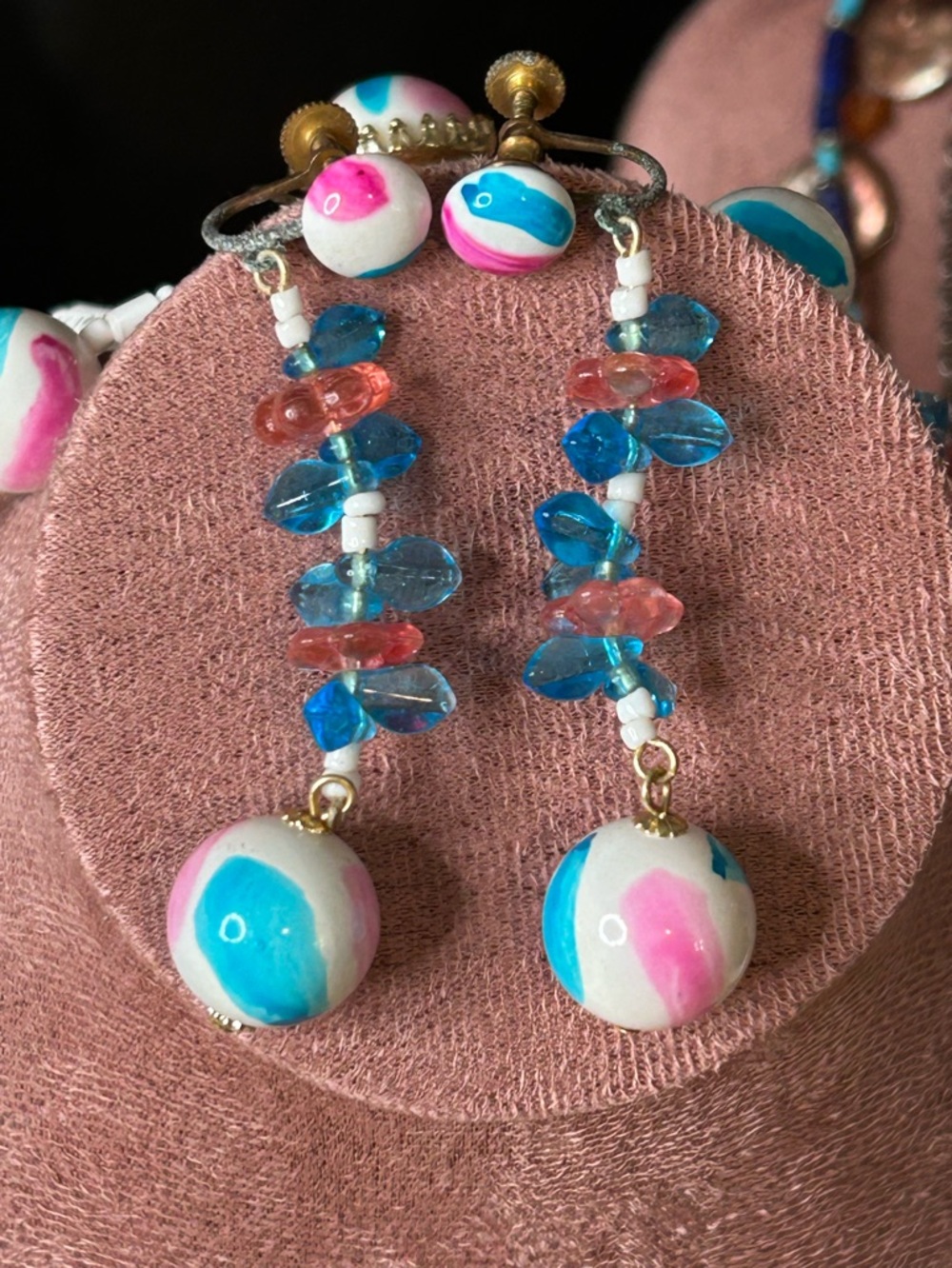 Vintage Japanese Hand Painted Art Glass Necklace & Earrings Set - Picture 3 of 9